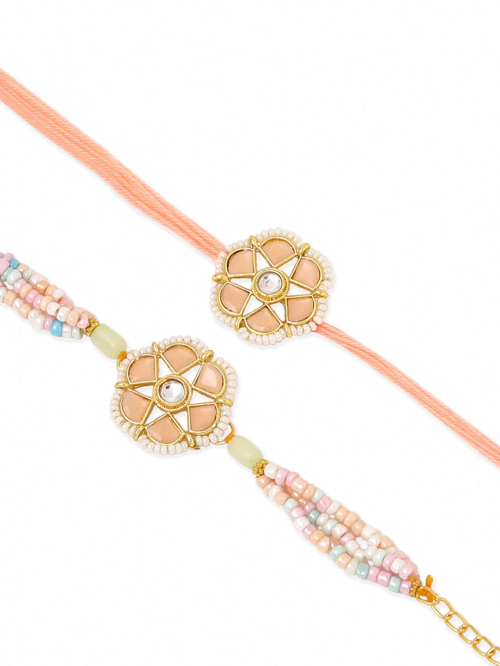NVR Set of 2 Peach Color Artificial Stones & Pearls Bhaiya Bhabhi Rakhi Combo | Grocsy