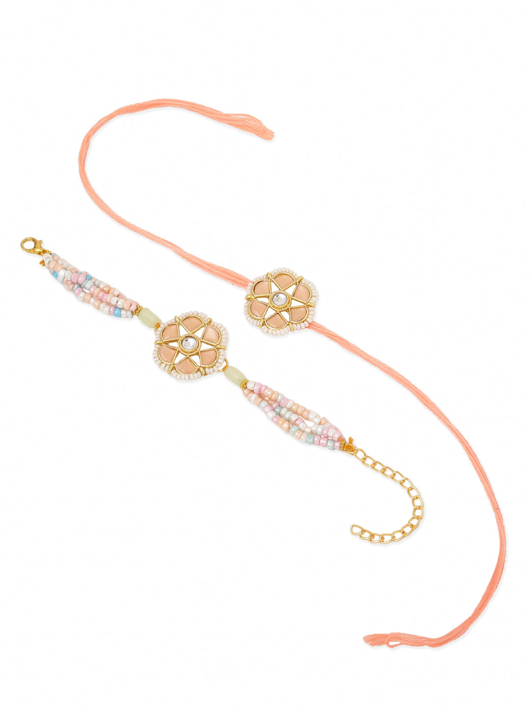 NVR Set of 2 Peach Color Artificial Stones & Pearls Bhaiya Bhabhi Rakhi Combo | Grocsy