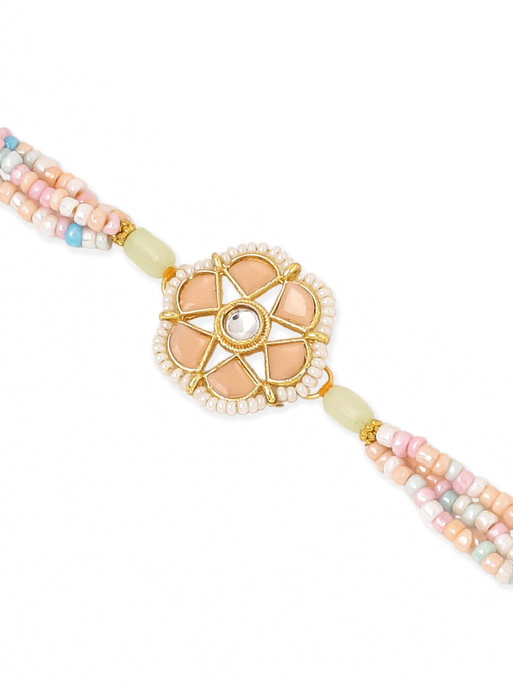 NVR Set of 2 Peach Color Artificial Stones & Pearls Bhaiya Bhabhi Rakhi Combo | Grocsy