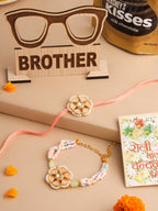 NVR Set of 2 Peach Color Artificial Stones & Pearls Bhaiya Bhabhi Rakhi Combo | Grocsy