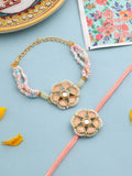 NVR Set of 2 Peach Color Artificial Stones & Pearls Bhaiya Bhabhi Rakhi With Roli Chawal Chandan & Mishri | Grocsy