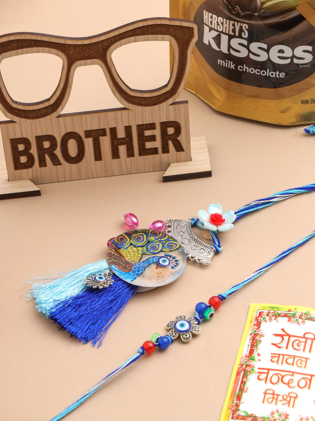 NVR Set of 2 Blue Evil Eye & Peacock Design Artificial Beads Bhaiya Bhabhi Rakhi Combo | Grocsy