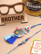 NVR Set of 2 Blue Evil Eye & Peacock Design Artificial Beads Bhaiya Bhabhi Rakhi Combo | Grocsy
