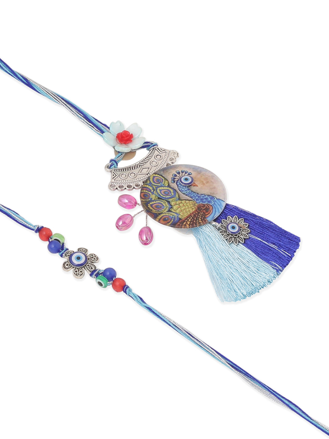 NVR Set of 2 Blue Evil Eye & Peacock Design Artificial Beads Bhaiya Bhabhi Rakhi Combo | Grocsy