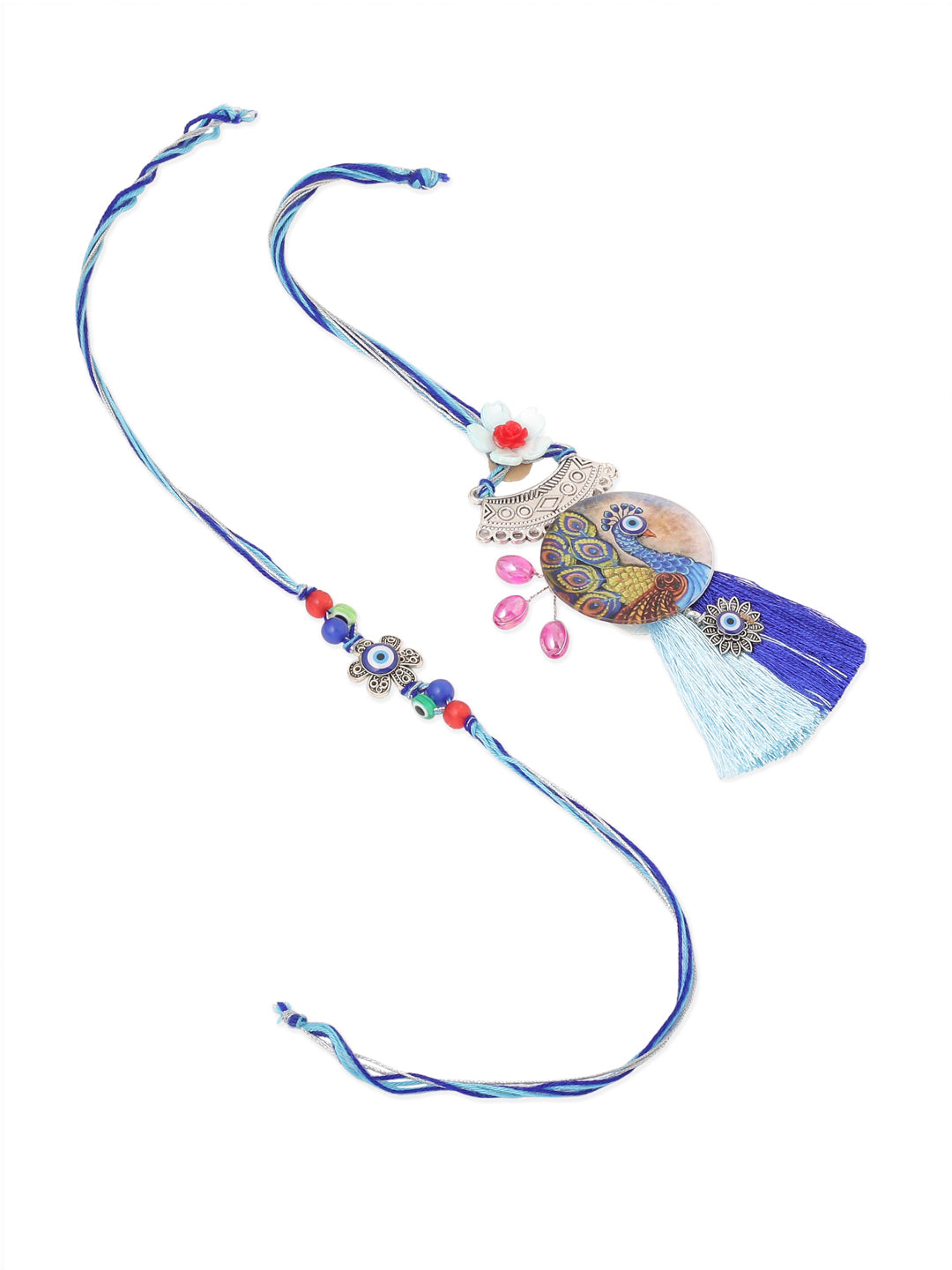 NVR Set of 2 Blue Evil Eye & Peacock Design Artificial Beads Bhaiya Bhabhi Rakhi Combo | Grocsy