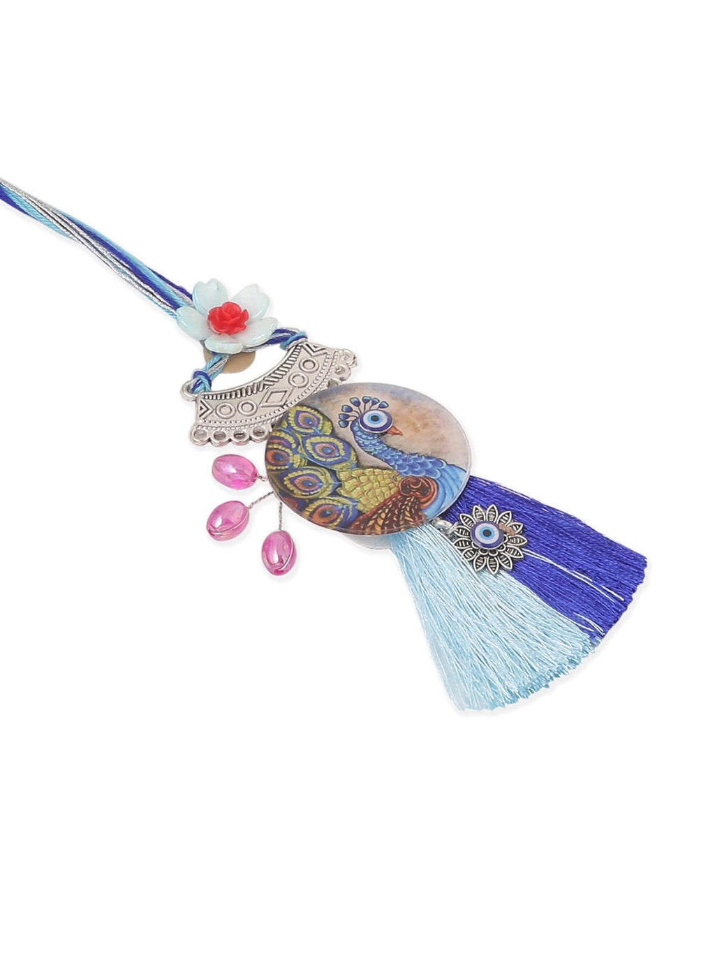 NVR Set of 2 Blue Evil Eye & Peacock Design Artificial Beads Bhaiya Bhabhi Rakhi Combo | Grocsy