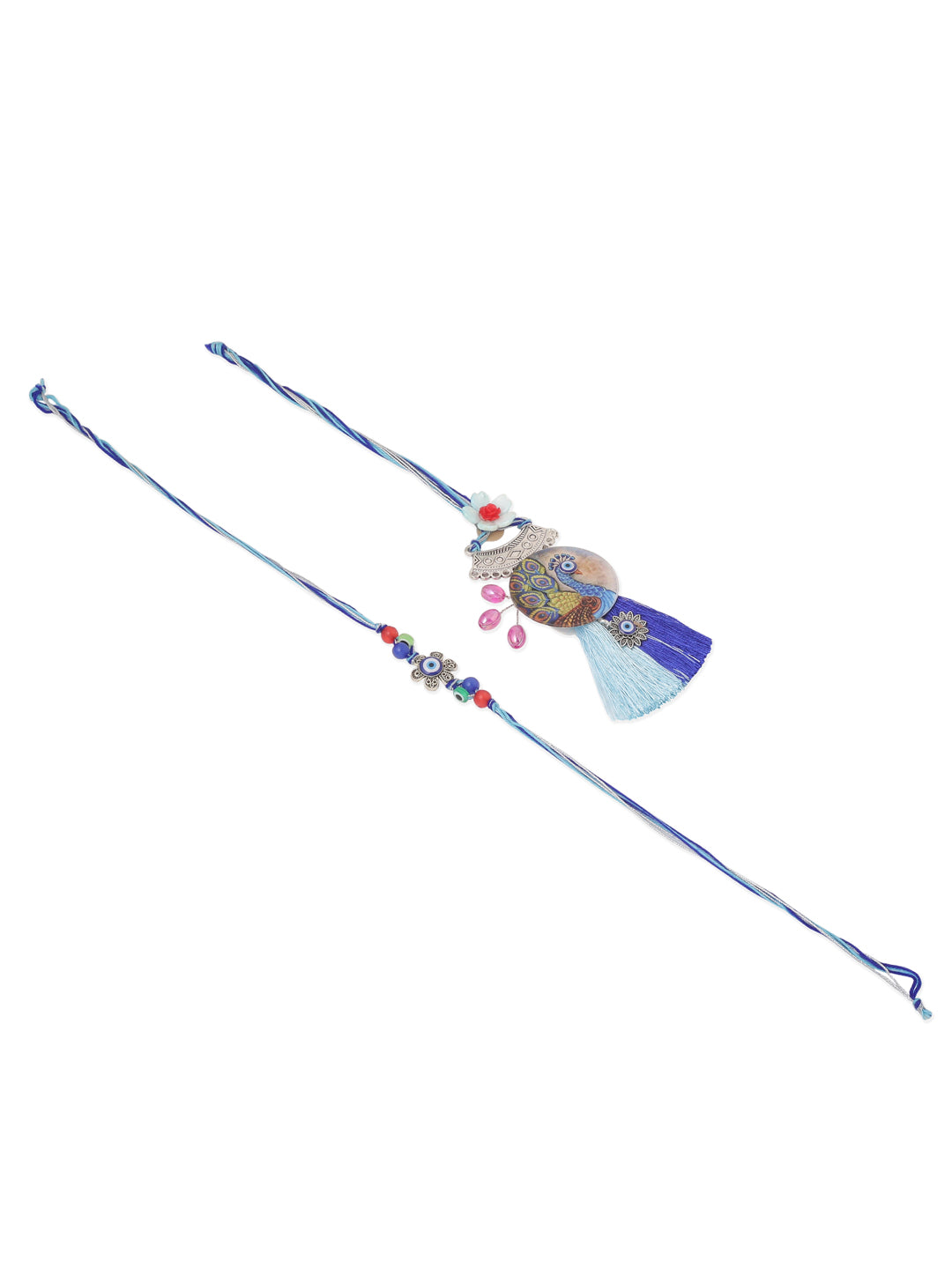 NVR Set of 2 Blue Evil Eye & Peacock Design Artificial Beads Bhaiya Bhabhi Rakhi Combo | Grocsy
