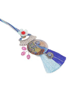 NVR Set of 2 Blue Evil Eye & Peacock Design Artificial Beads Bhaiya Bhabhi Rakhi With Roli Chawal Chandan & Mishri | Grocsy
