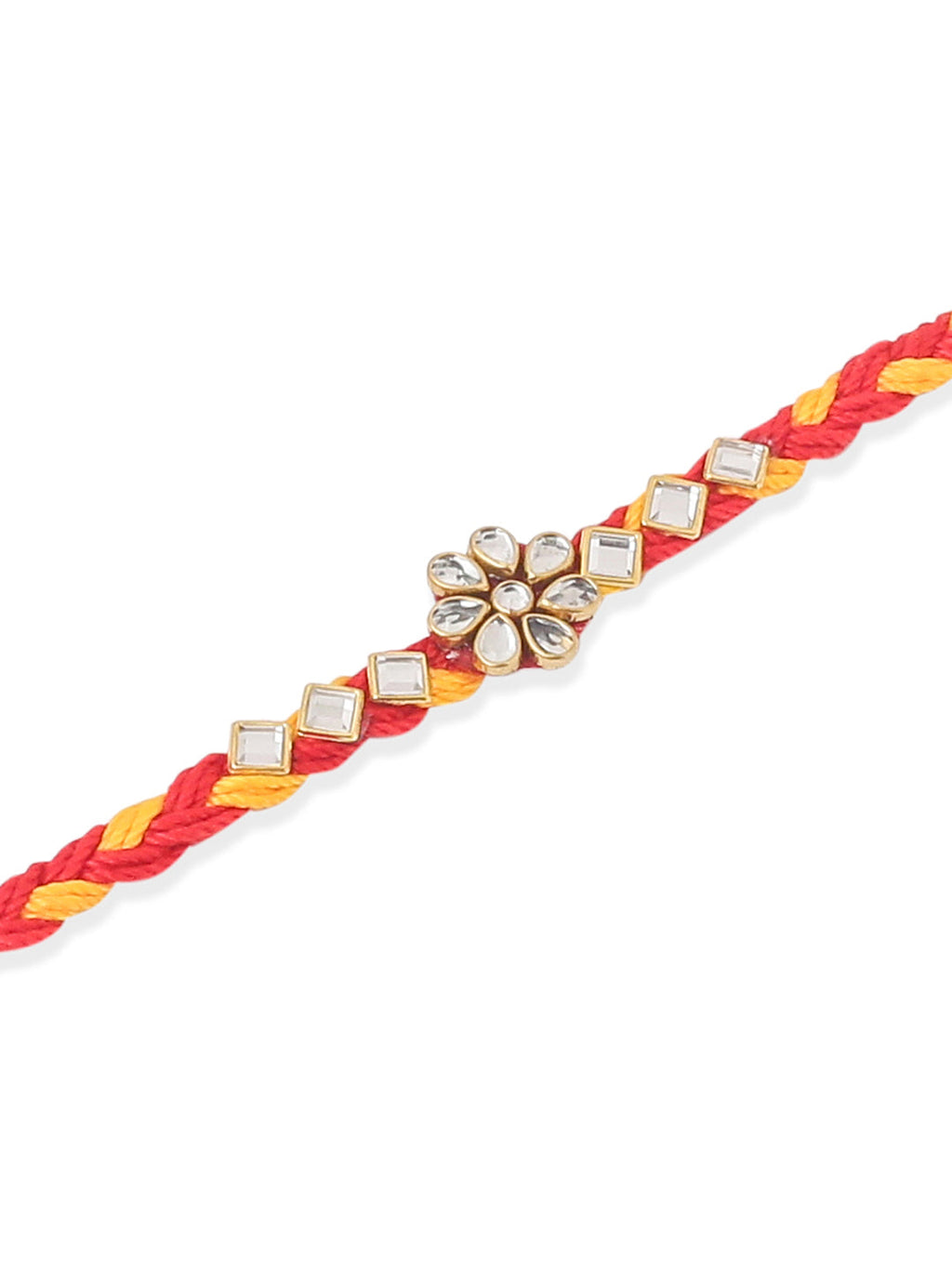 NVR Men Set of 3 Red & Yellow Kundan Studded Floral Design Thread Rakhi Combo | Grocsy