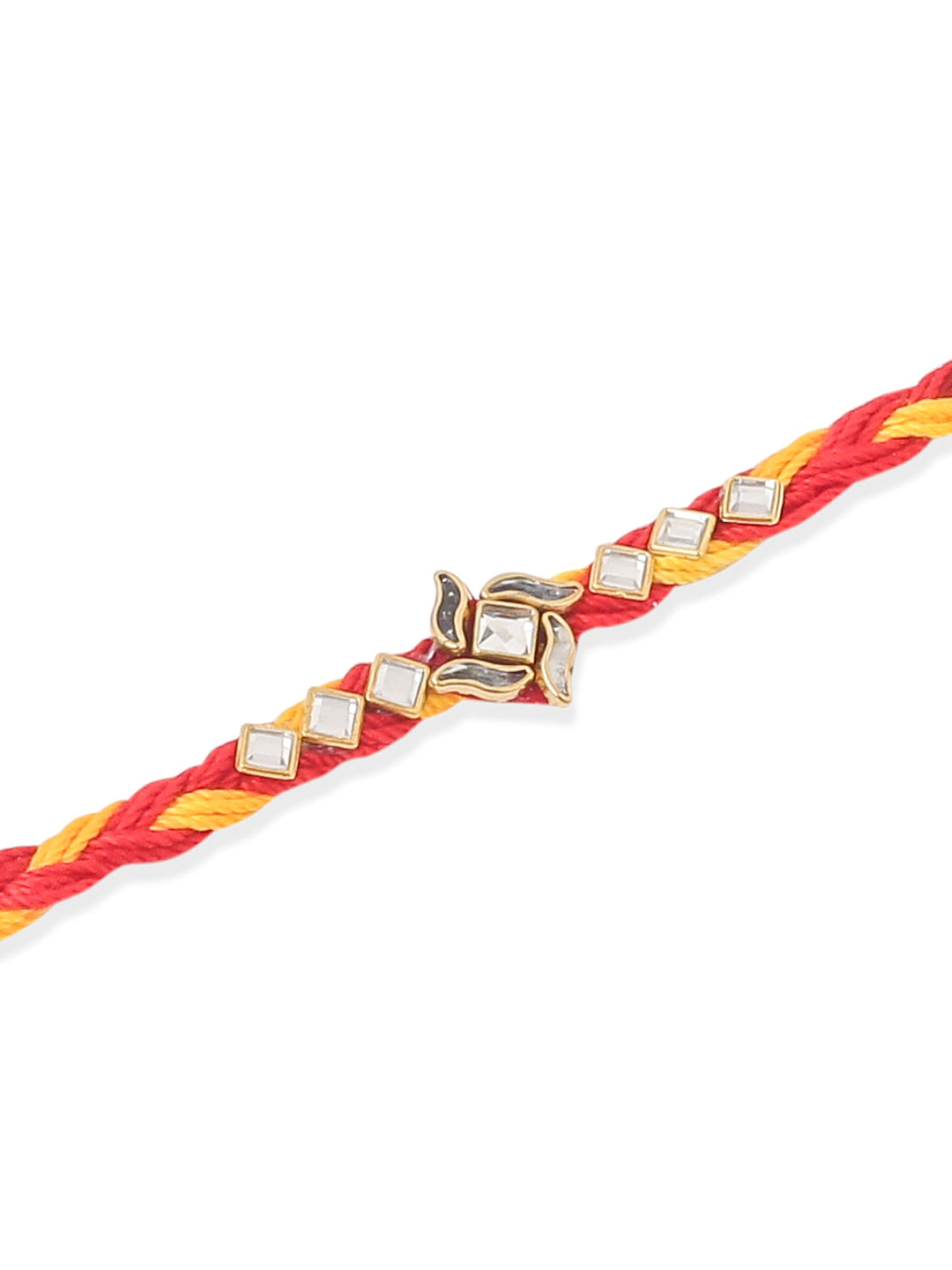NVR Men Set of 3 Red & Yellow Kundan Studded Floral Design Thread Rakhi Combo | Grocsy