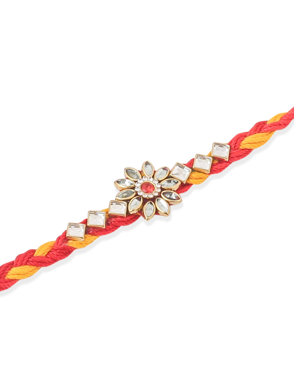 NVR Men Set of 3 Red & Yellow Kundan Studded Floral Design Thread Rakhi Combo | Grocsy