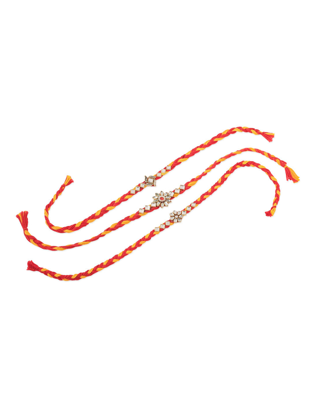 NVR Men Set of 3 Red & Yellow Kundan Studded Floral Design Thread Rakhi Combo | Grocsy