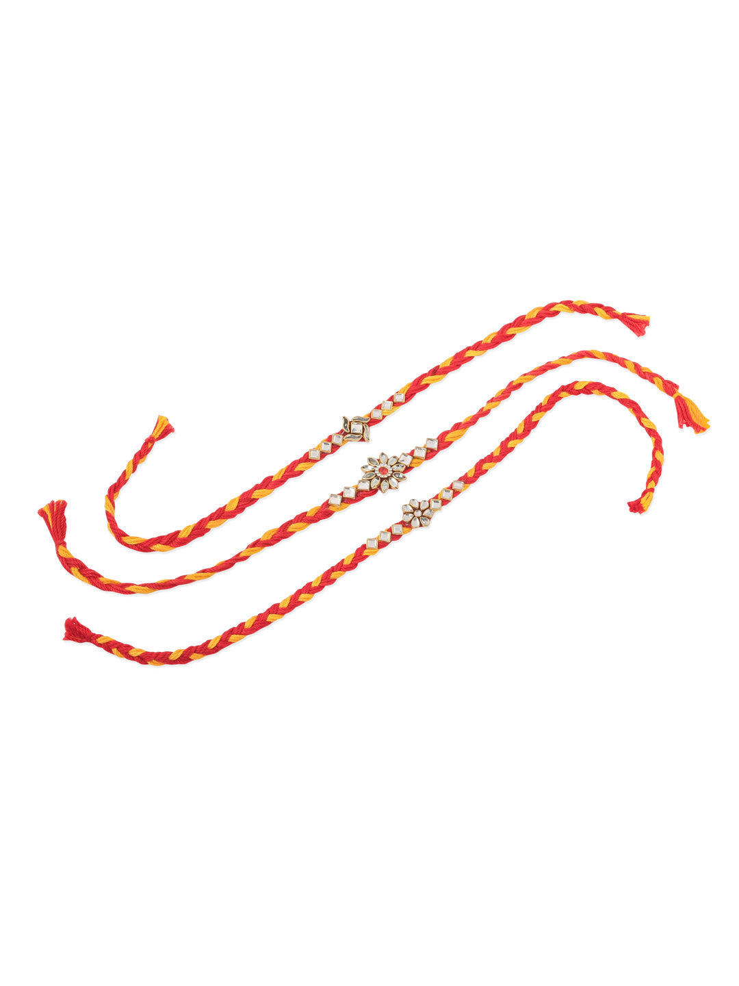 NVR Men Set of 3 Red & Yellow Kundan Studded Floral Design Thread Rakhi Combo | Grocsy