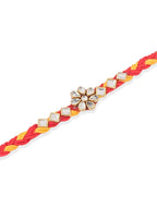 NVR Men Set of 3 Red & Yellow Kundan Studded Floral Design Thread Rakhi with Roli Chawal Chandan & Mishri | Grocsy