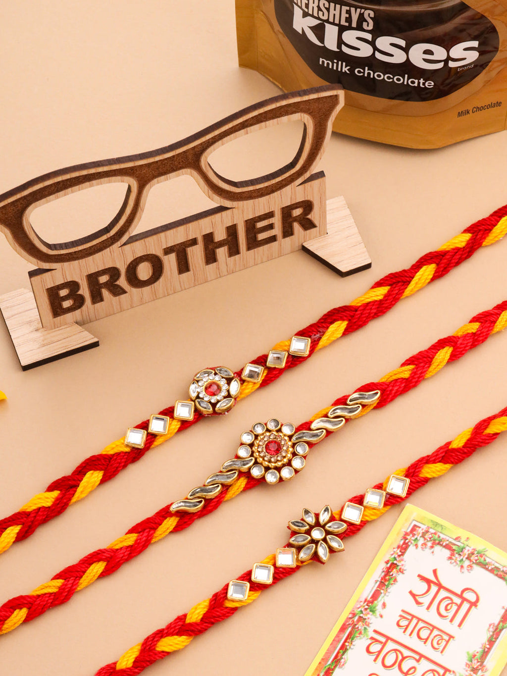NVR Men Set of 3 Red & Yellow Kundan Studded Floral Design Thread Rakhi Combo | Grocsy
