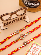NVR Men Set of 3 Red & Yellow Kundan Studded Floral Design Thread Rakhi Combo | Grocsy