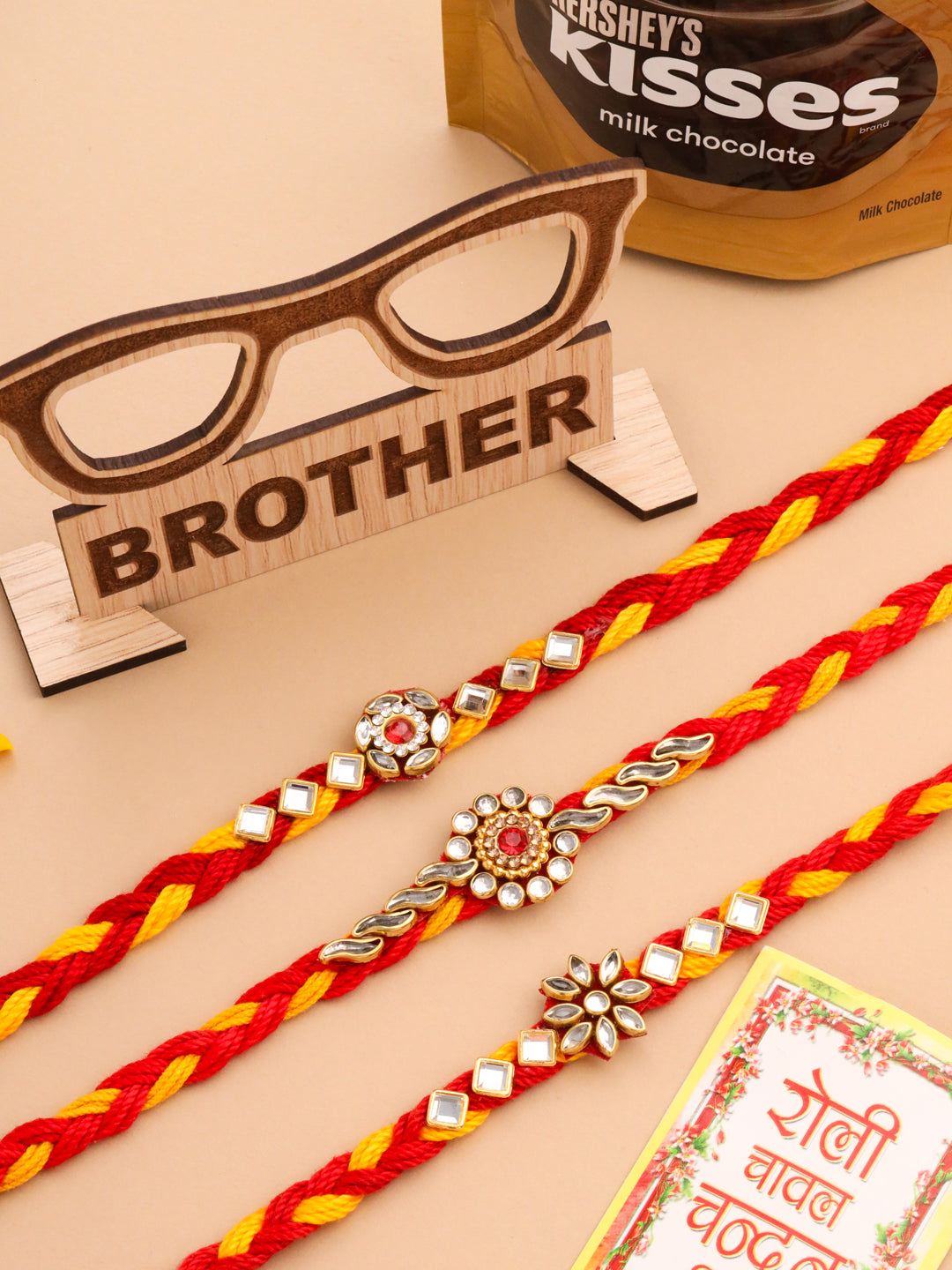 NVR Men Set of 3 Red & Yellow Kundan Studded Floral Design Thread Rakhi Combo | Grocsy