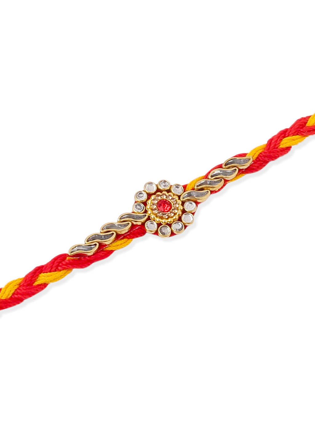NVR Men Set of 3 Red & Yellow Kundan Studded Floral Design Thread Rakhi Combo | Grocsy