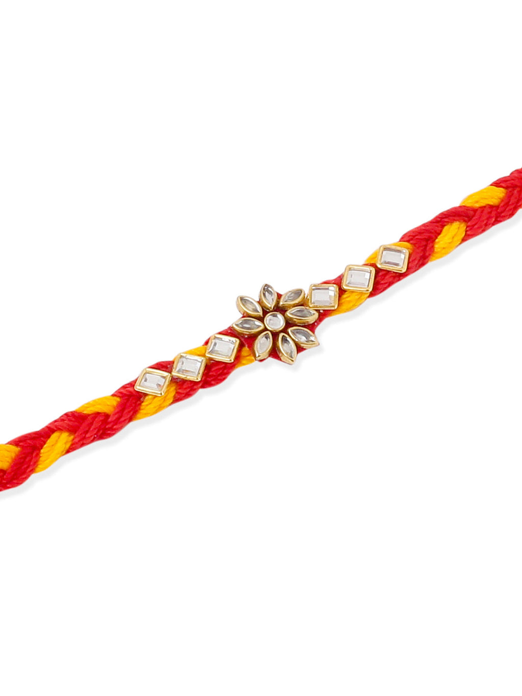 NVR Men Set of 3 Red & Yellow Kundan Studded Floral Design Thread Rakhi Combo | Grocsy