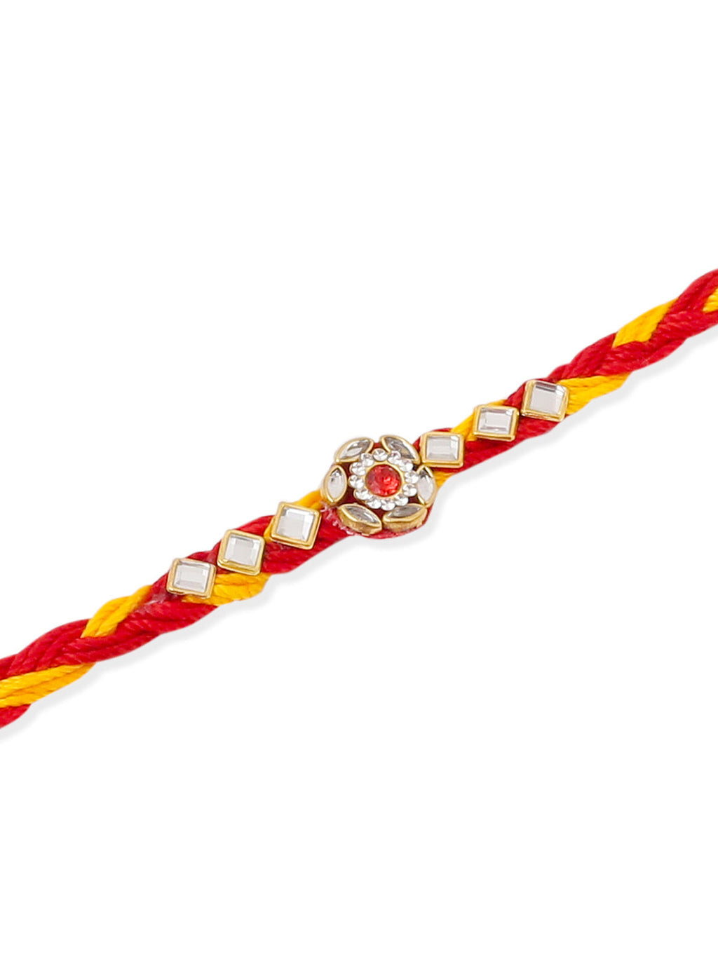 NVR Men Set of 3 Red & Yellow Kundan Studded Floral Design Thread Rakhi Combo | Grocsy