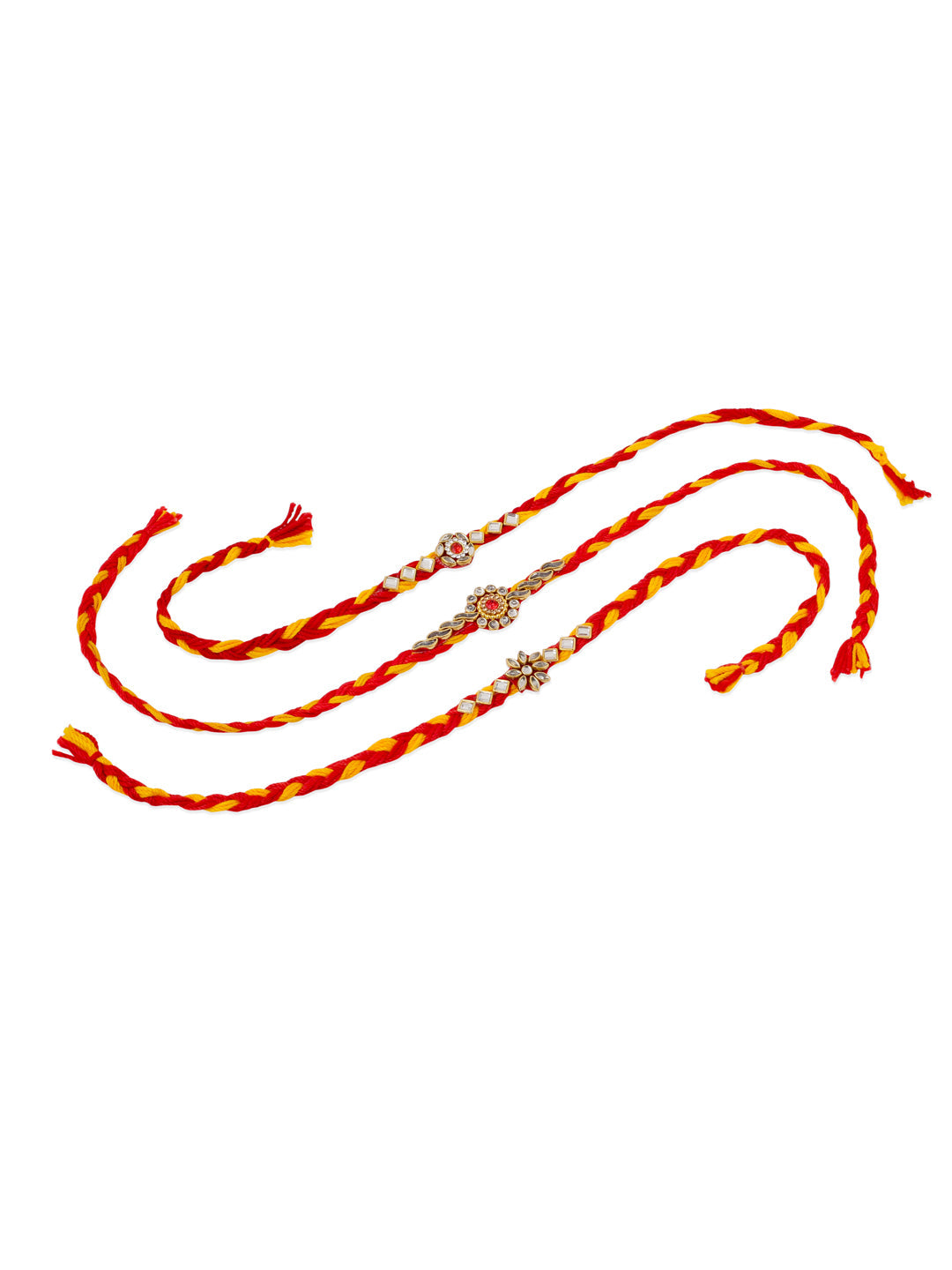 NVR Men Set of 3 Red & Yellow Kundan Studded Floral Design Thread Rakhi Combo | Grocsy