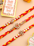 NVR Men Set of 3 Red & Yellow Kundan Studded Floral Design Thread Rakhi with Roli Chawal Chandan & Mishri | Grocsy