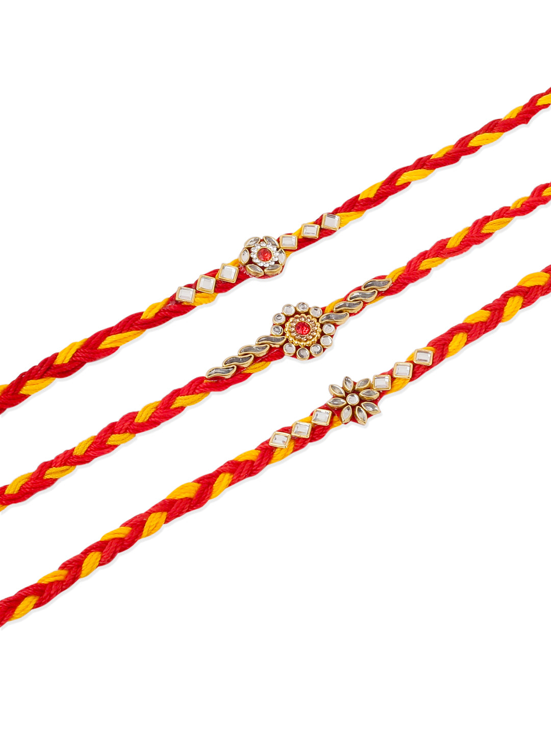 NVR Men Set of 3 Red & Yellow Kundan Studded Floral Design Thread Rakhi with Roli Chawal Chandan & Mishri | Grocsy