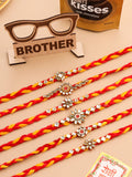NVR Men Set of 6 Red & Yellow Kundan Studded Floral Design Thread Rakhi Combo | Grocsy