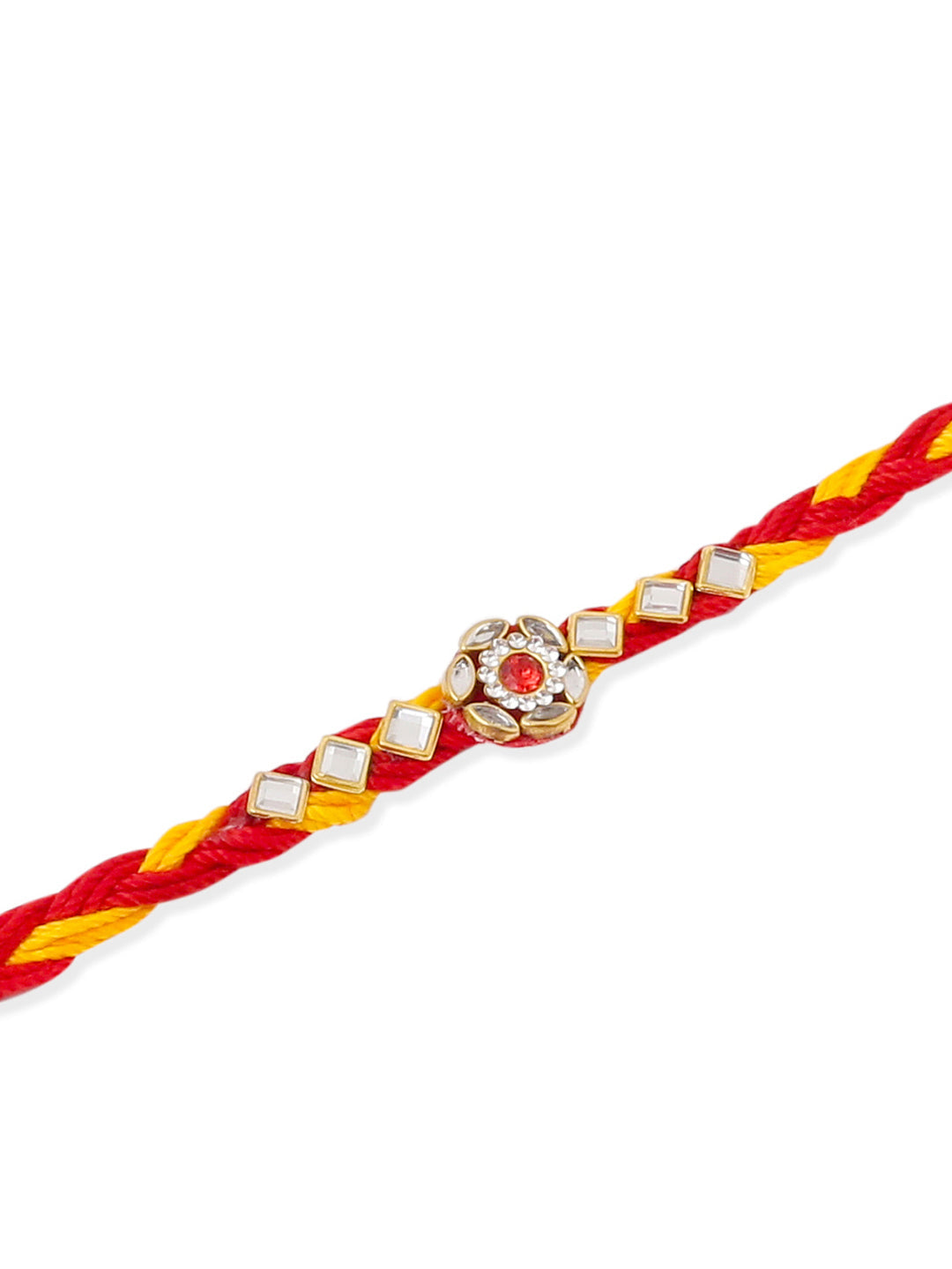 NVR Men Set of 6 Red & Yellow Kundan Studded Floral Design Thread Rakhi Combo | Grocsy