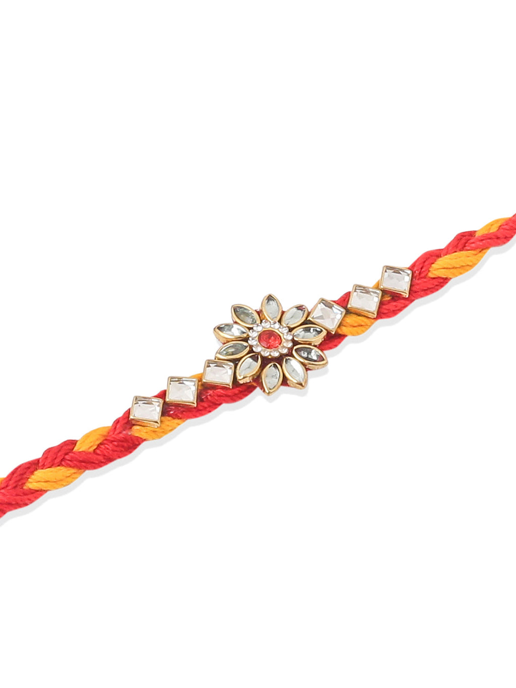 NVR Men Set of 6 Red & Yellow Kundan Studded Floral Design Thread Rakhi with Roli Chawal Chandan & Mishri | Grocsy