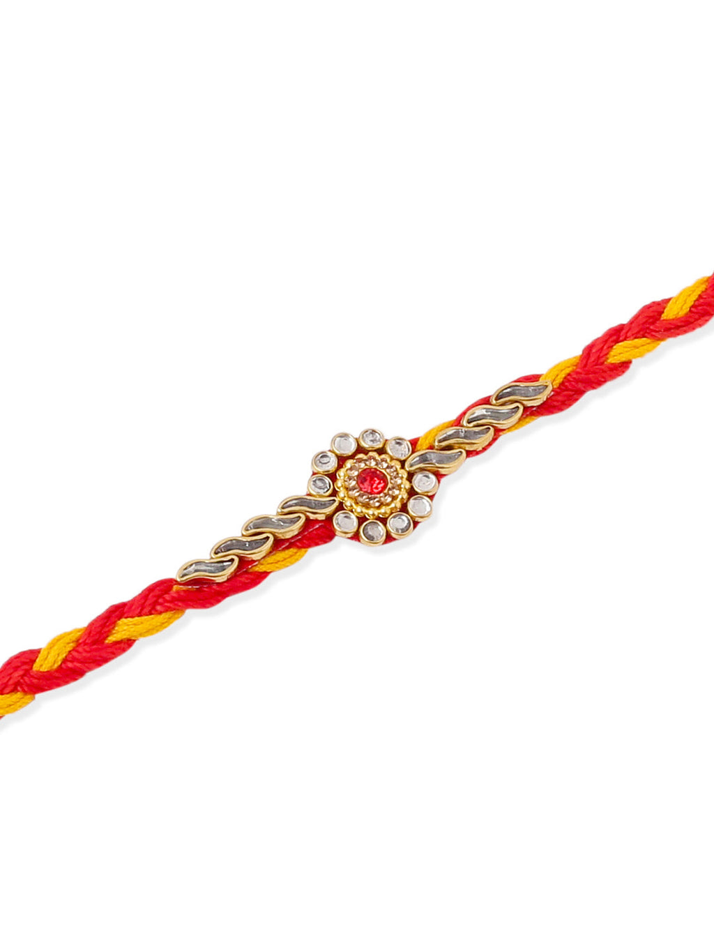 NVR Men Set of 6 Red & Yellow Kundan Studded Floral Design Thread Rakhi with Roli Chawal Chandan & Mishri | Grocsy