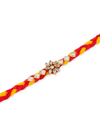 NVR Men Set of 6 Red & Yellow Kundan Studded Floral Design Thread Rakhi with Roli Chawal Chandan & Mishri | Grocsy