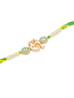 NVR Men Green Kundan Studded Om Design Thread Rakhi with Roli Chawal Chandan & Mishri | Grocsy