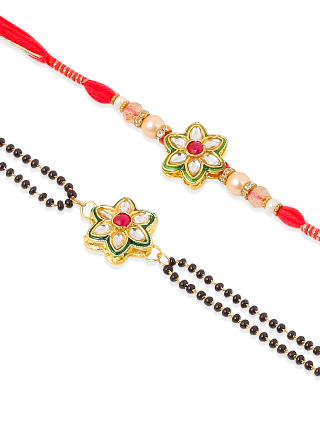 NVR Set of 2 Gold Toned Kundan Studded Floral Shape Bhaiya Bhabhi Rakhi Combo | Grocsy