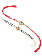 NVR Set of 2 Gold Toned Kundan Studded Floral Shape Bhaiya Bhabhi Rakhi Combo | Grocsy