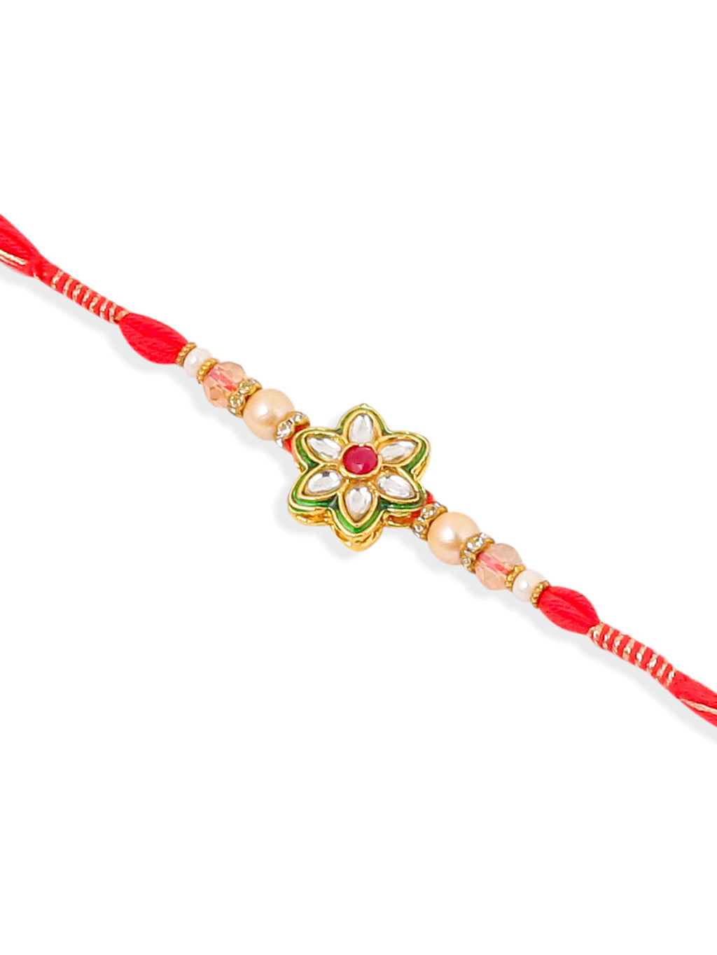 NVR Set of 2 Gold Toned Kundan Studded Floral Shape Bhaiya Bhabhi Rakhi Combo | Grocsy