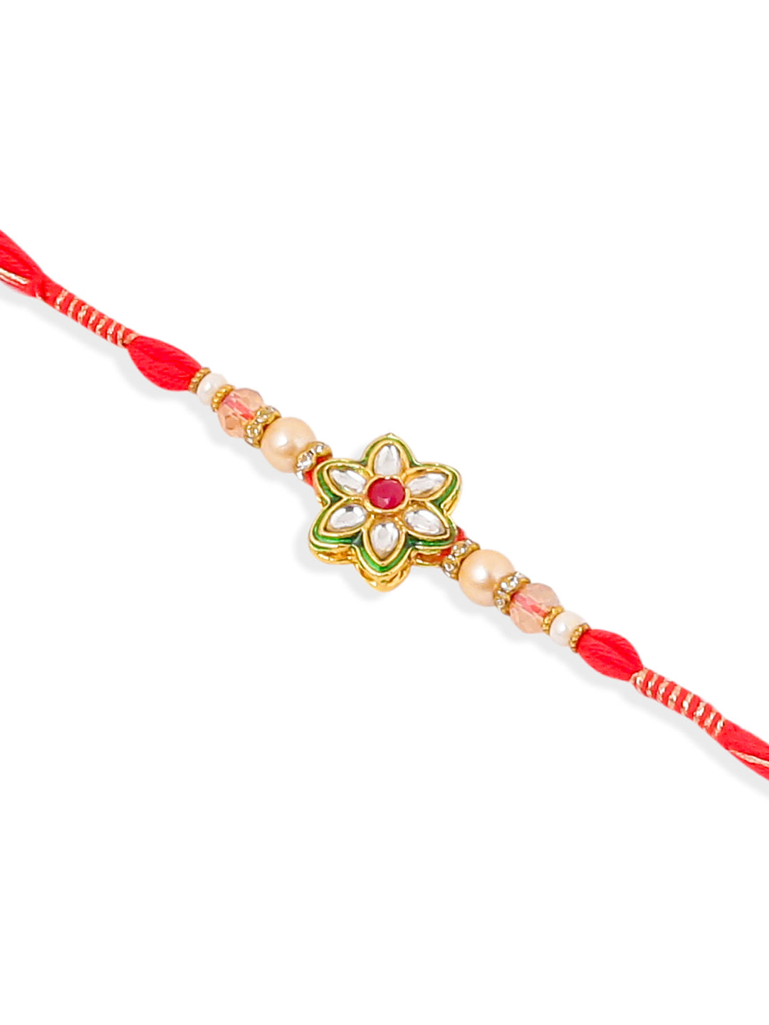 NVR Set of 2 Gold Toned Kundan Studded Floral Shape Bhaiya Bhabhi Rakhi Combo | Grocsy