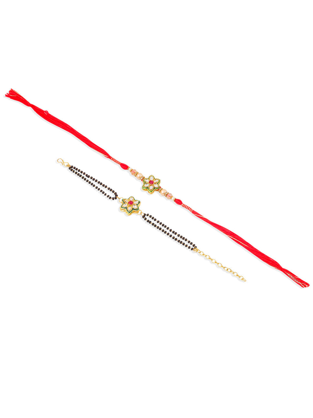 NVR Set of 2 Gold Toned Kundan Studded Floral Shape Bhaiya Bhabhi Rakhi Combo | Grocsy
