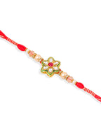 NVR Set of 2 Gold Toned Kundan Studded Floral Shape Bhaiya Bhabhi Rakhi with Roli Chawal Chandan & Mishri | Grocsy
