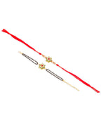 NVR Set of 2 Gold Toned Kundan Studded Floral Shape Bhaiya Bhabhi Rakhi with Roli Chawal Chandan & Mishri | Grocsy