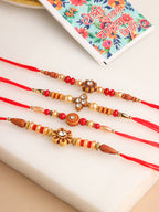 NVR Men Set of 4 Red Artificial Stones & Beads Floral Shape Thread Rakhi with Roli Chawal Chandan & Mishri | Grocsy