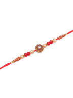NVR Men Set of 4 Red Artificial Stones & Beads Floral Shape Thread Rakhi with Roli Chawal Chandan & Mishri | Grocsy