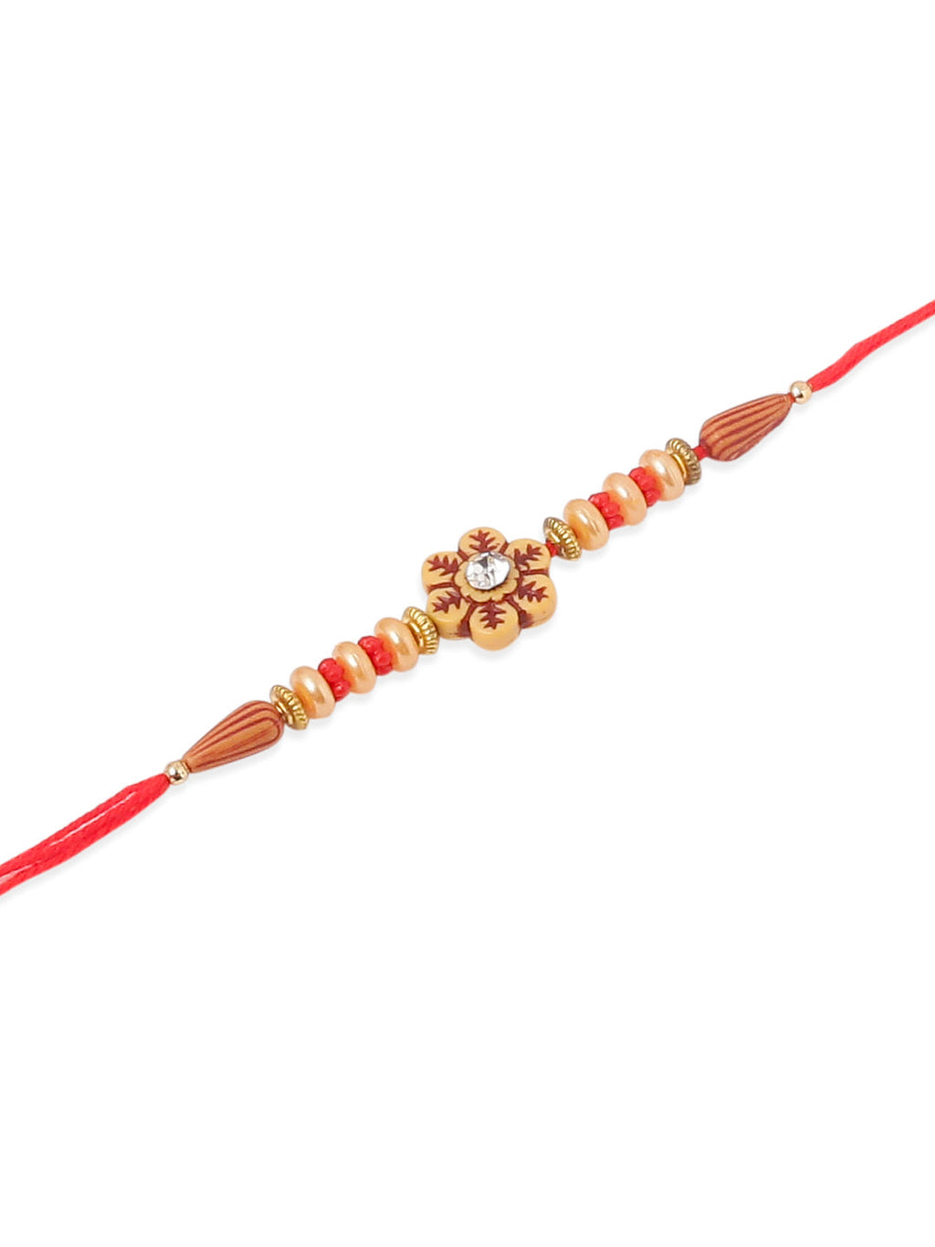 NVR Men Set of 4 Red Artificial Stones & Beads Floral Shape Thread Rakhi with Roli Chawal Chandan & Mishri | Grocsy
