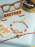 NVR Set of 2 Gold Toned Artificial Stones & Beads Om Design Bhaiya Bhabhi Rakhi Combo | Grocsy