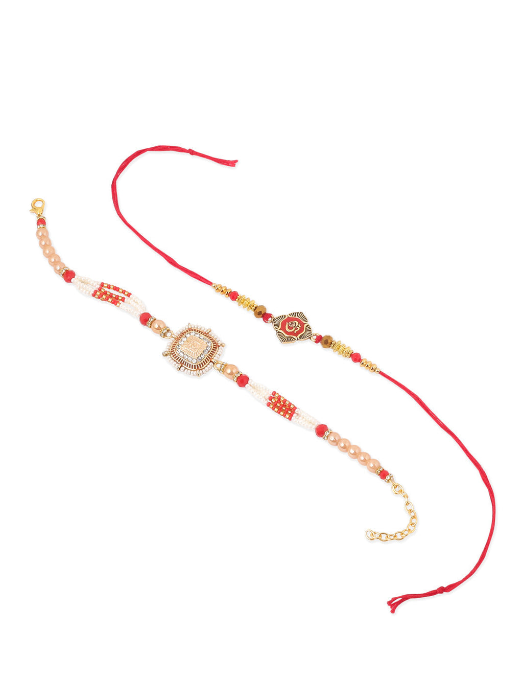 NVR Set of 2 Gold Toned Artificial Stones & Beads Om Design Bhaiya Bhabhi Rakhi Combo | Grocsy