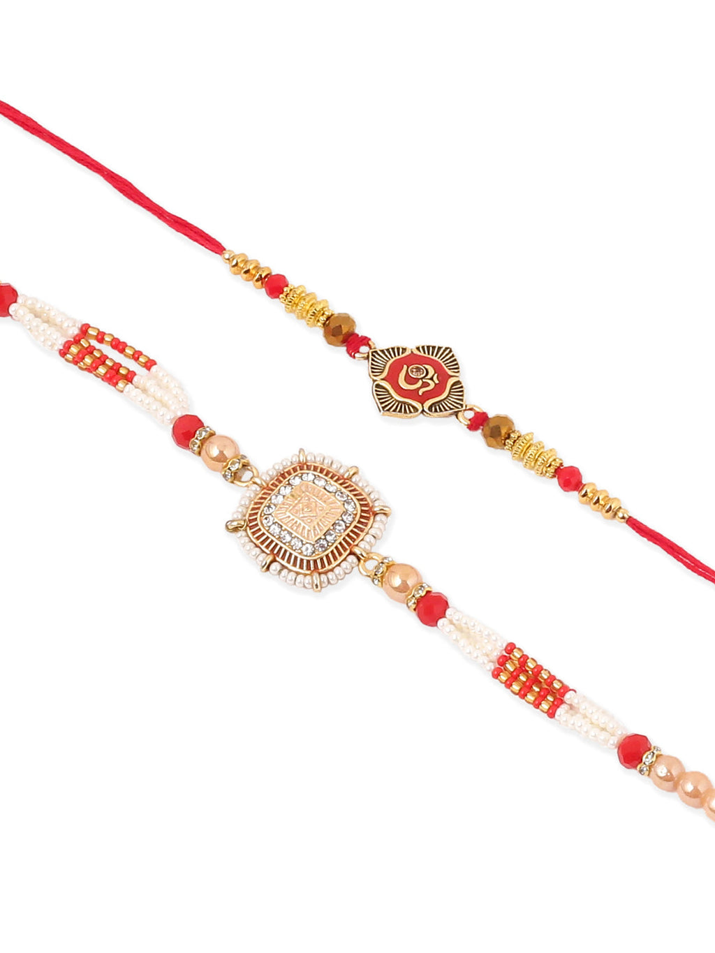 NVR Set of 2 Gold Toned Artificial Stones & Beads Om Design Bhaiya Bhabhi Rakhi with Roli Chawal Chandan & Mishri | Grocsy