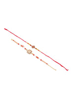 NVR Set of 2 Gold Toned Artificial Stones & Beads Om Design Bhaiya Bhabhi Rakhi with Roli Chawal Chandan & Mishri | Grocsy