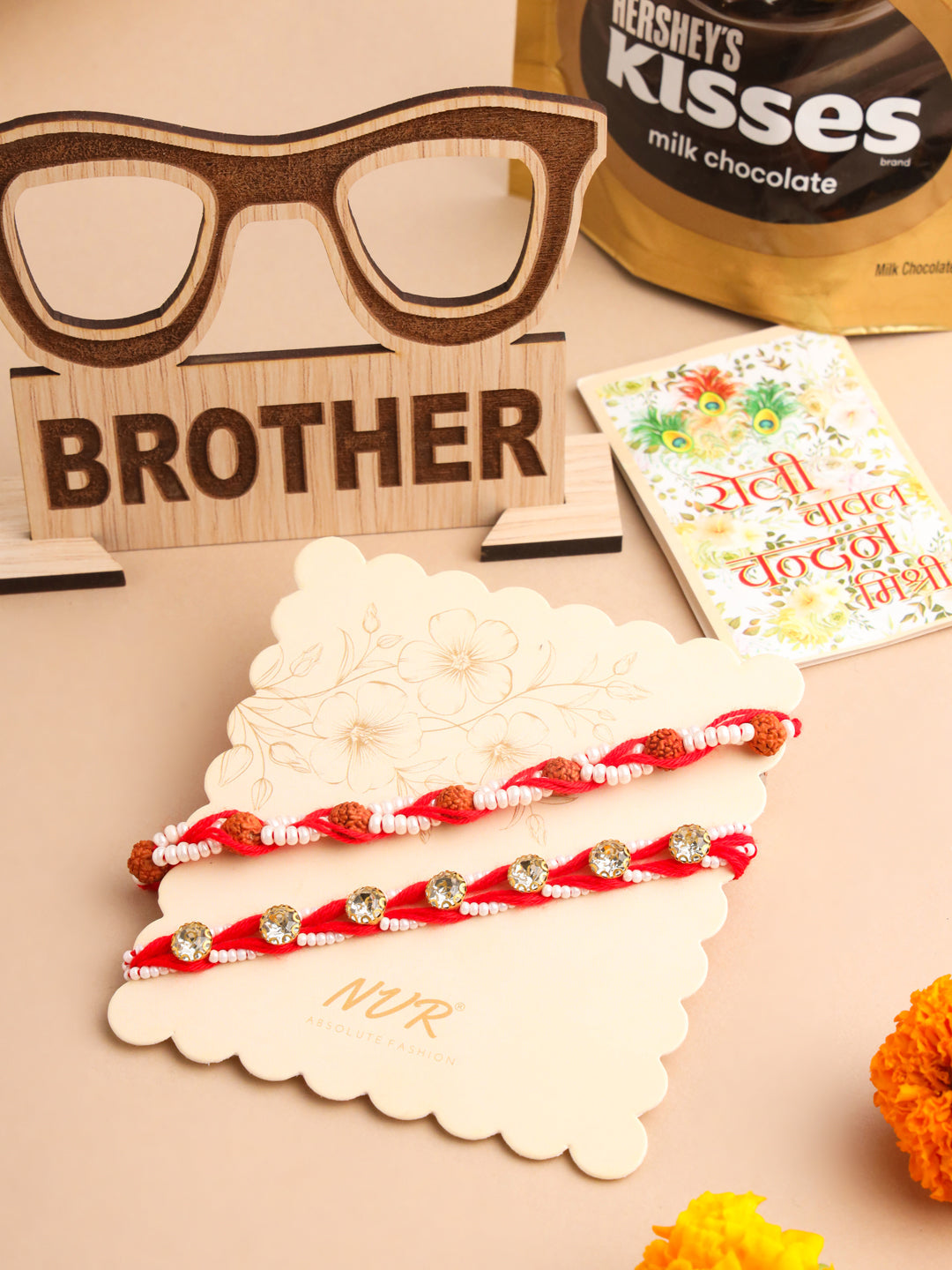 NVR Men Set of 2 Red Artificial Stones & Rudraksh Thread Rakhi, Combo for Rakshabandhan | Grocsy