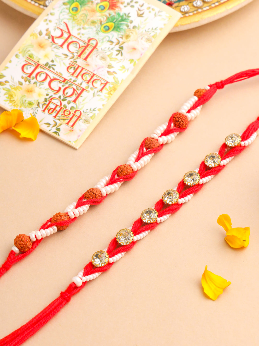NVR Men Set of 2 Red Artificial Stones & Rudraksh Thread Rakhi with Roli Chawal Chandan & Mishri | Grocsy