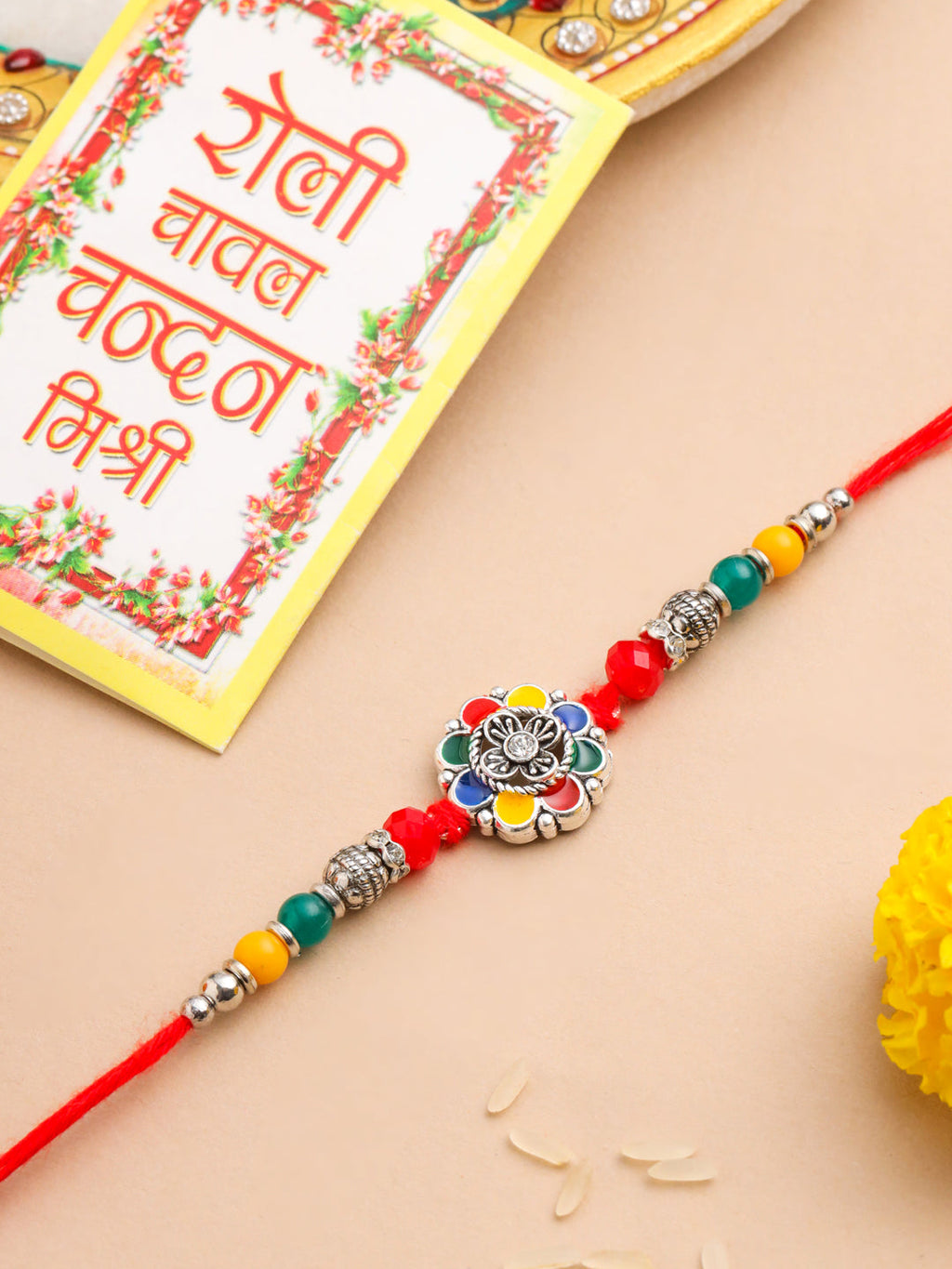 NVR Men Multicolor Artificial Stones & Beads Floral Design Thread Rakhi with Roli Chawal Chandan & Mishri | Grocsy